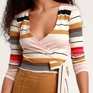 Billabong City wrap stripe v neck ties at waist ribbed long sleeves top blouse L